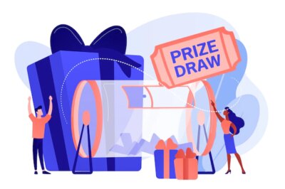 Free Vector | Lucky tiny people turning raffle drum with tickets and winning prize gift boxes. prize draw, online random draw, promotional marketing concept. pinkish coral bluevector isolated illustration