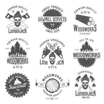 Free Vector | Lumberjack black white emblems with equipment forest products skull in hat with beard isolated