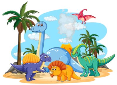 Free Vector | Many cute dinosaurs character in prehistoric land isolated