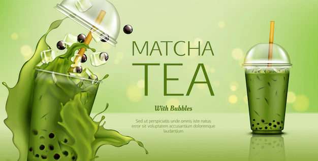 Free Vector | Matcha green tea with bubbles and ice cubes