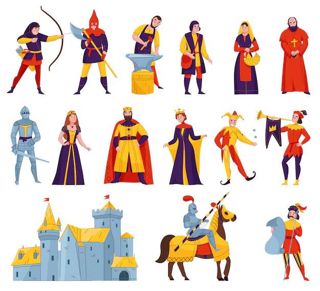 Free Vector | Medieval tales characters flat set with archer blacksmith king queen horn blower bishop warrior knight castle vector illustration
