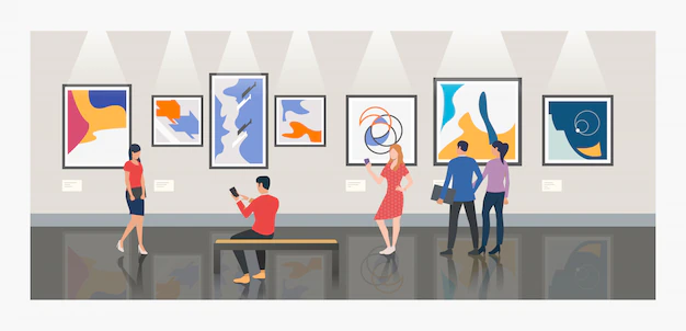 Free Vector | Men and women visiting museum or art gallery illustration