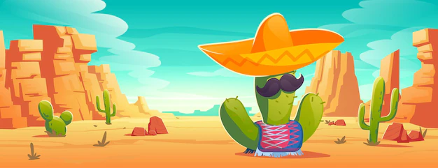 Free Vector | Mexican cactus with mustaches in sombrero and poncho at desert landscape. viva mexico or cinco de mayo party, traditional latin holiday or fiesta celebration symbol, cartoon vector illustration