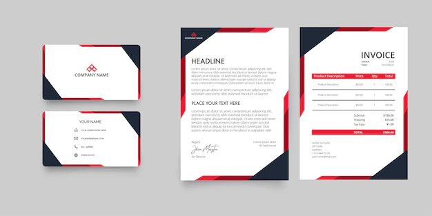 Free Vector | Modern business company stationery pack with letterhead and invoice with abstract red shapes