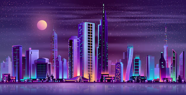 Free Vector | Modern city night landscape neon cartoon