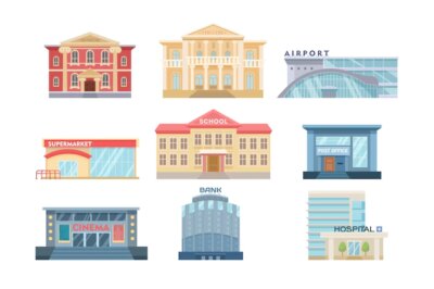 Free Vector | Modern exteriors of city buildings set. vector illustrations of houses with facades. cartoon museum hospital school supermarket airport cinema post office isolated on white. cityscape, urban concept