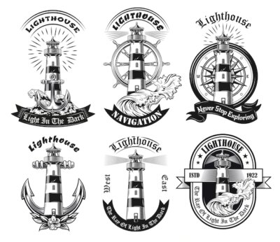 Free Vector | Monochrome emblems with lighthouse set