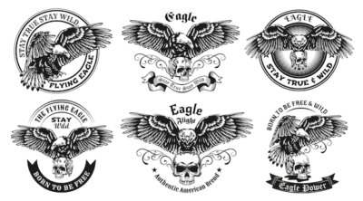 Free Vector | Monochrome labels with eagle and skull illustration set