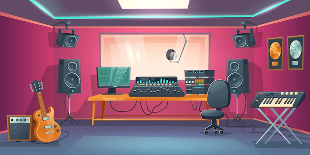 Free Vector | Music studio control room and singer booth