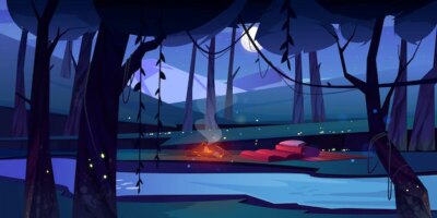 Free Vector | Night forest with camp fire river and mountains