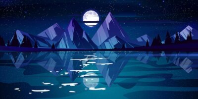 Free Vector | Night landscape with lake, mountains and trees on coast. vector cartoon illustration of nature scene with coniferous forest on river shore, rocks, moon and stars in dark sky