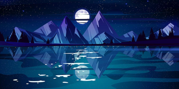 Free Vector | Night landscape with lake, mountains and trees on coast. vector cartoon illustration of nature scene with coniferous forest on river shore, rocks, moon and stars in dark sky