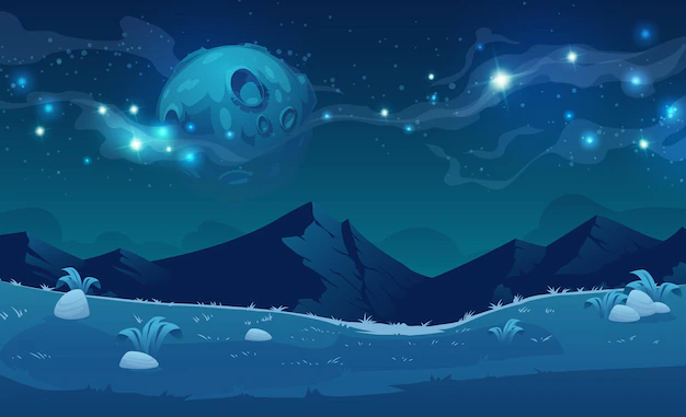 Free Vector | Night landscape with mountains and full moon.