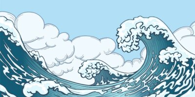 Free Vector | Ocean big wave in japanese style. water splash, storm space, weather nature. hand drawn big wave vector illustration