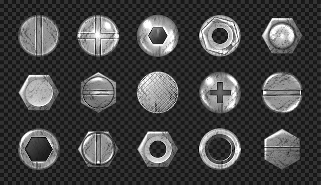 Free Vector | Old screw and nail heads set, metal bolts, rivets