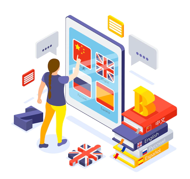 Free Vector | Online language courses isometric composition with with woman choosing chinese app on tablet screen