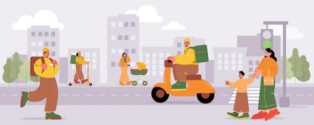 Free Vector | People walk at city street characters go along the road on cityscape background mother with baby in stroller and toddler delivery couriers riding scooter and bicycle line art vector illustration