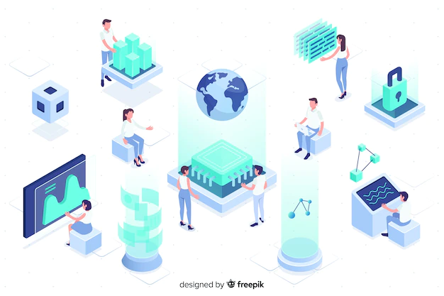 Free Vector | People working with technology isometric design