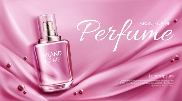 Free Vector | Perfume bottle on folded silk fabric with pearls. glass flask with pink fragrance packaging design. women scent cosmetic product, promo ad banner template