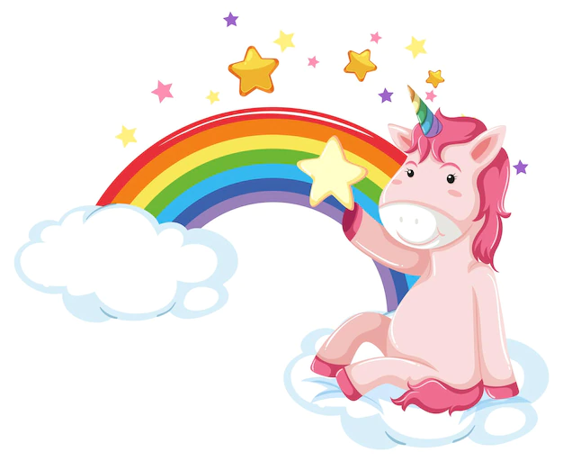 Free Vector | Pink unicorn sitting on a cloud with rainbow