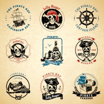 Free Vector | Pirate emblems vintage old paper set