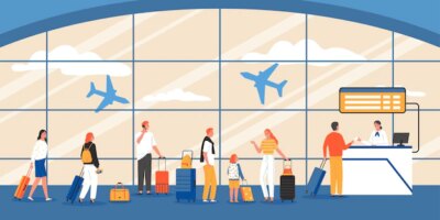 Free Vector | Queue composition with airport scenery silhouettes of flying airplanes and passengers with suitcases standing in line vector illustration