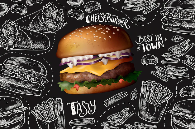 Free Vector | Realistic cheeseburger on chalkboard background