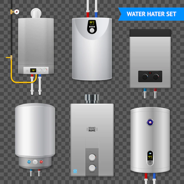 Free Vector | Realistic electric water heater boiler transparent icon set with isolated elements on transparent