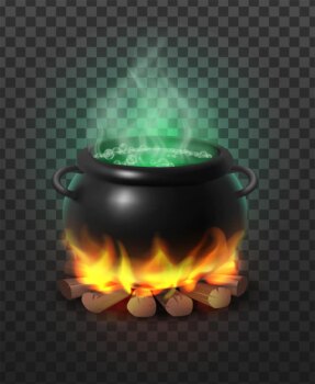 Free Vector | Realistic icon black witch cauldron on campfire on wood with inside magical bubling green potion on transparent background