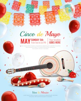 Free Vector | Realistic mexican holiday cinco de mayo composition with sombrero maracas guitar balloons