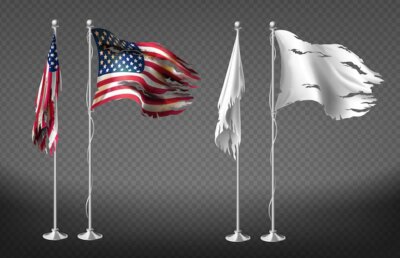 Free Vector | Realistic set with damaged flags of united states of america on steel poles