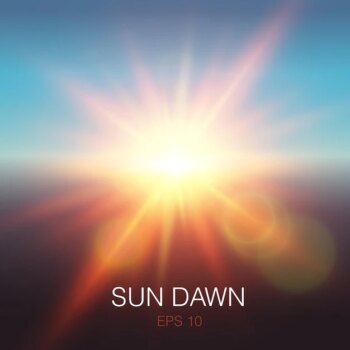 Free Vector | Realistic sun dawn beams of orange color and lens flares on blue sky