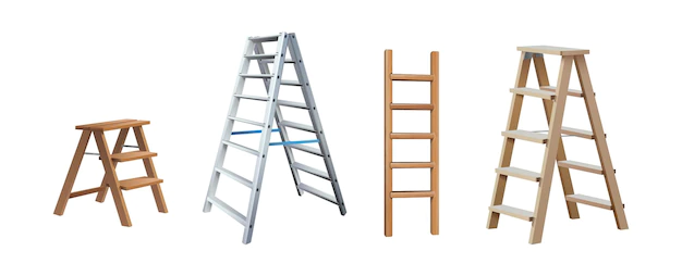 Free Vector | Realistic vector icon illustration metal and wooden ladder in front and side view isolated on w