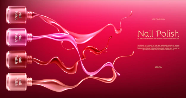 Free Vector | Red or pink nail polish 3d realistic vector ads banner with glass bottle in glossy
