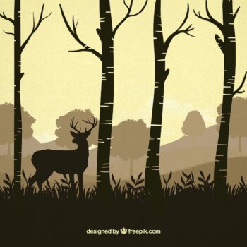 Free Vector | Reindeer between trees silhouettes background