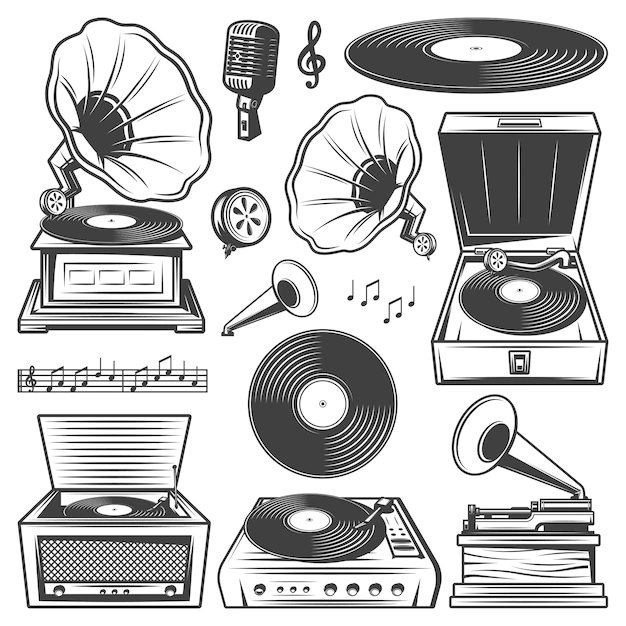 Free Vector | Retro gramophone icons set with turntable vinyl record player phonograph microphone music notes in vintage style isolated