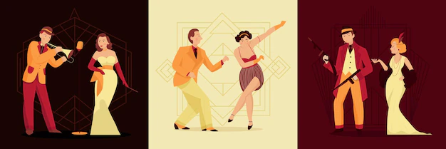 Free Vector | Retro twenties design concept with three square compositions with male and female human characters of dandies vector illustration