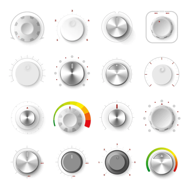 Free Vector | Round adjustment dial on white background realistic set of analogue knobs for level control isolated vector illustration