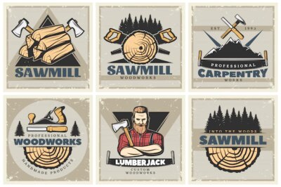 Free Vector | Sawmill small posters set