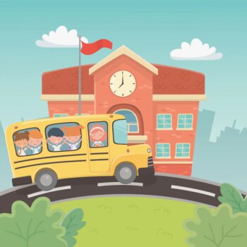 Free Vector | School building and bus with kids in the scene