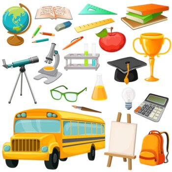 Free Vector | School icon set with isolated pic of bus school supplies and stationery vector illustration