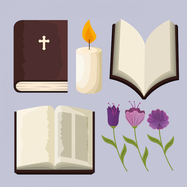 Free Vector | Set bible with candle and flowers plants to event