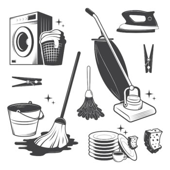 Free Vector | Set of black and white vintage cleaning tools.