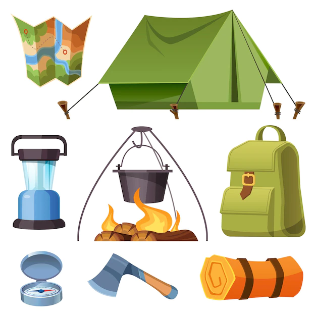 Free Vector | Set of camping equipment and stuff cartoon set