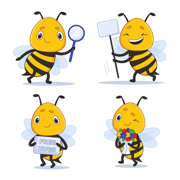 Free Vector | Set of cartoon bee with magnifying glass flowers blank banner and sign with free hugs phrase