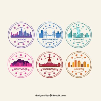 Free Vector | Set of colored city stamps in flat design