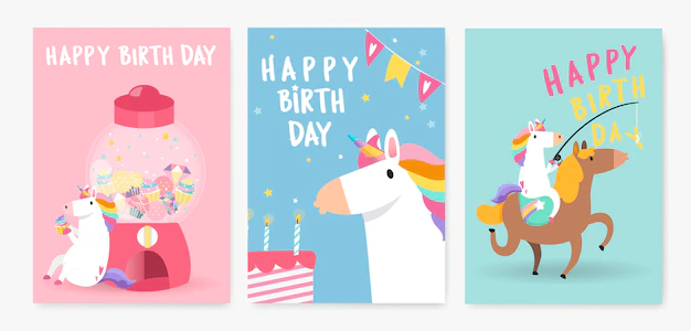 Free Vector | Set of colorful unicorn birthday card vectors