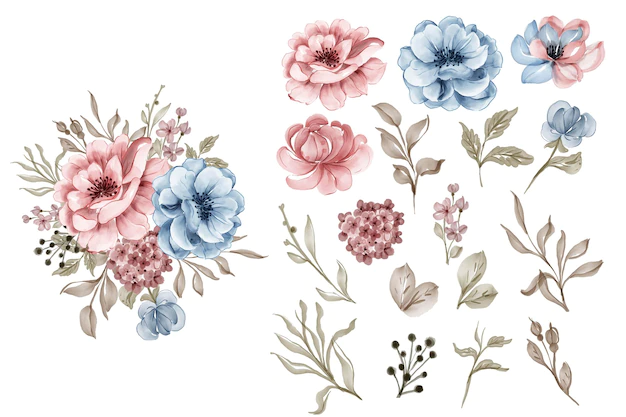 Free Vector | Set of flower pink blue and leaf isolated clip-art