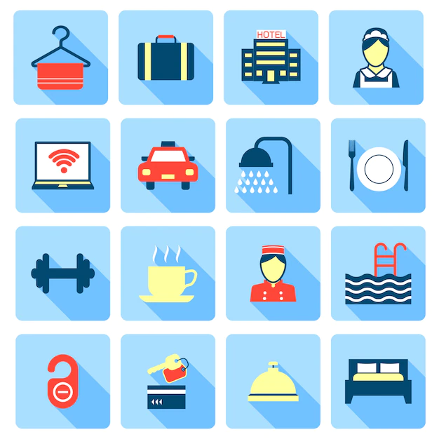 Free Vector | Set of hotel bed reception bath bed bell icons on colorful squares in flat color style