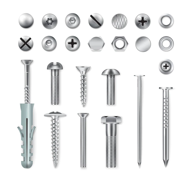 Free Vector | Set of realistic metal fastening items screws bolts nuts nails isolated on white